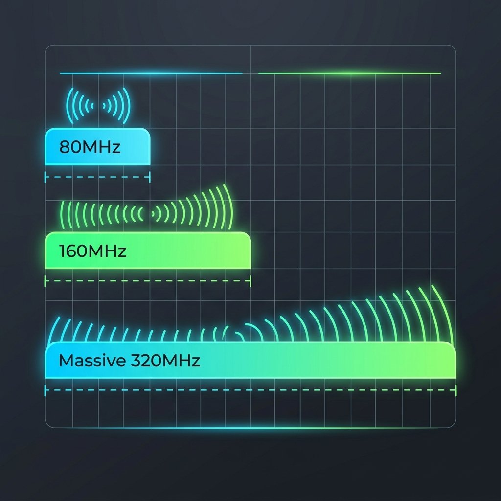 Esquema visual demonstrando o tamanho das larguras de banda em radiofrequência comparando 80MHz, 160MHz e 320MHz.