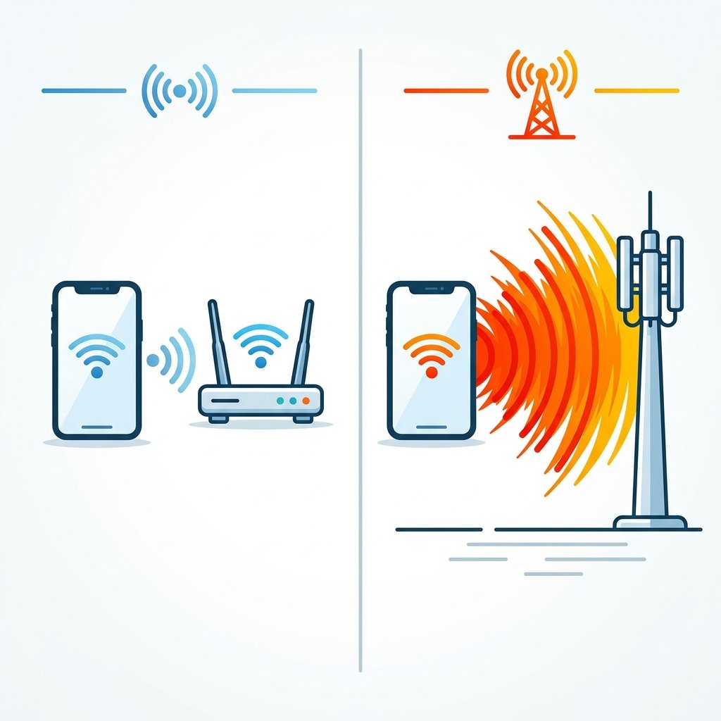 Esquema visual mostrando a diferença de distância e energia gasta entre o sinal de um roteador Wi-Fi caseiro e uma Antena 5G na rua.