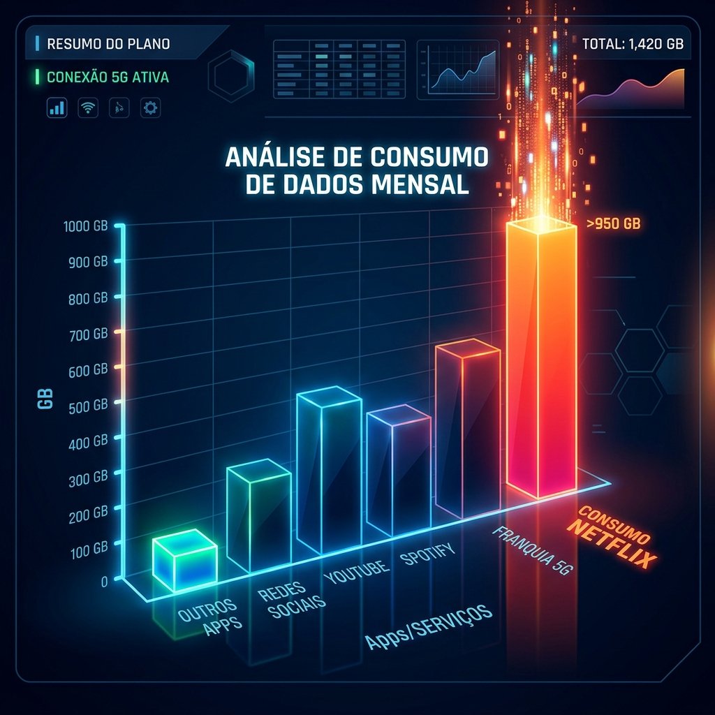 Gráfico de barras demonstrando como o consumo de vídeos 4K por uma família destrói um pacote de dados 5G médio de 100GB em apenas três dias de Home Theater.