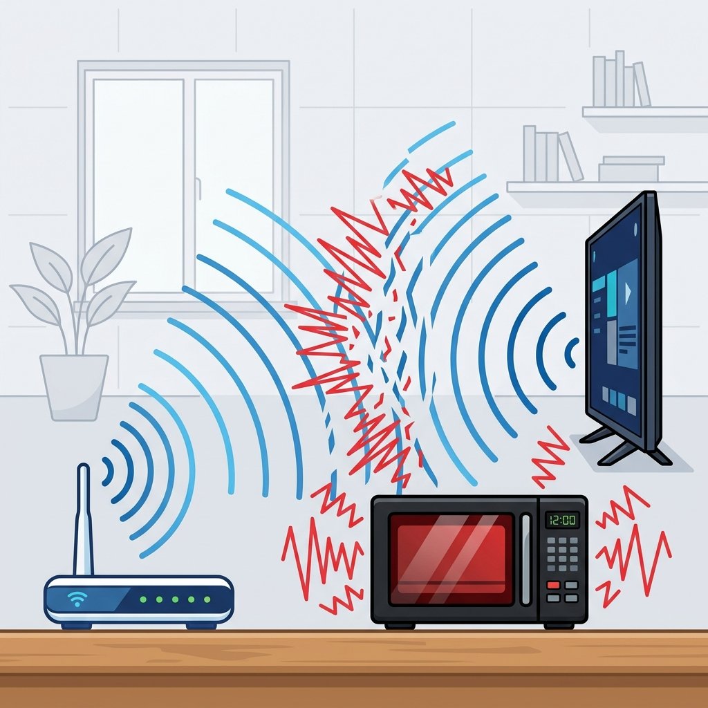 Diagrama ilustrando interferência de ondas de rádio entre o roteador, um micro-ondas e a Smart TV operando na faixa de 2.4GHz.
