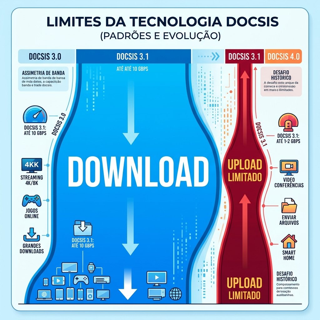 Limitações Físicas DOCSIS (HFC) - A assimetria bruta de espectro RF onde o Upload é sufocado.